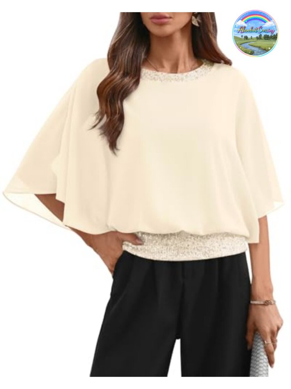 Women's Sequin Chiffon Tunic Top Batwing Sleeve Formal Party Blouse